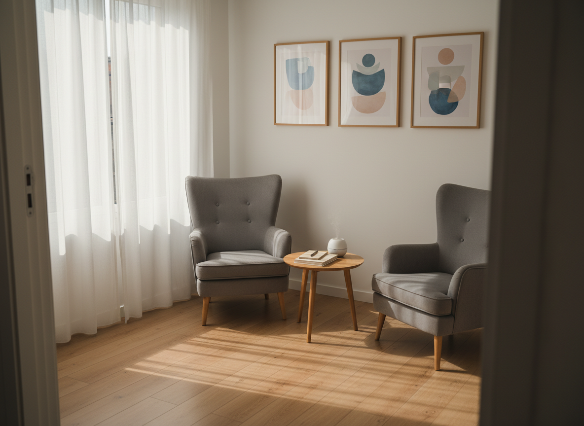 A tranquil consultation room designed for conciliación, photographed without people, featuring two comfortable, high-backed gray chairs angled toward a small round wooden table. On the table, a neatly stacked set of neutral-toned notepads, a pen in a simple holder, and a small white ceramic diffuser emitting a barely visible mist suggest calma y diálogo. The far wall displays framed abstract art in soft blue and sand tones, evoking equilibrio and peace. Warm, indirect afternoon sunlight filters through sheer curtains, creating gentle, elongated shadows on the light hardwood floor. Captured from the doorway at a slightly elevated angle, with moderate depth of field, the photographic realism and minimalist, welcoming style convey a safe, neutral space for resolving conflictos familiares, laborales y civiles.