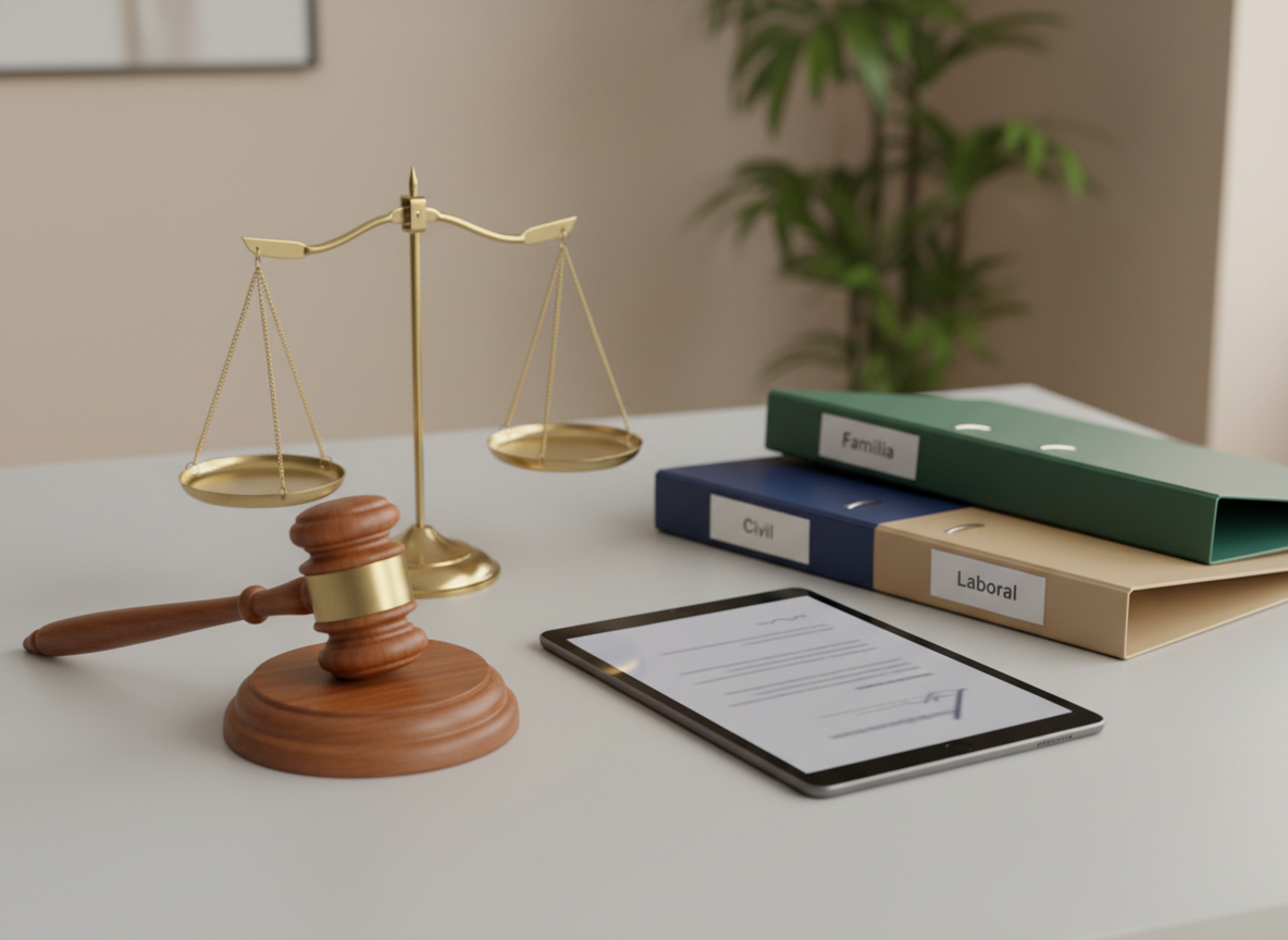 A close-up of a meticulously arranged set of legal and mediation tools on a light gray minimalist desk: a finely crafted wooden judge’s gavel resting beside a polished brass balance scale, three color-coded folders labeled “Familia”, “Civil” and “Laboral”, and a slim digital tablet displaying an abstract, softly focused agreement document. The background fades into a gentle blur of neutral beige walls and a single green plant, evoking a professional yet human environment. Soft studio lighting from the left creates delicate highlights on the metal and wood, with smooth, controlled shadows. Shot from a slightly elevated angle with shallow depth of field, the photographic realism and clean, modern style communicate order, clarity and confianza in the conciliación process.