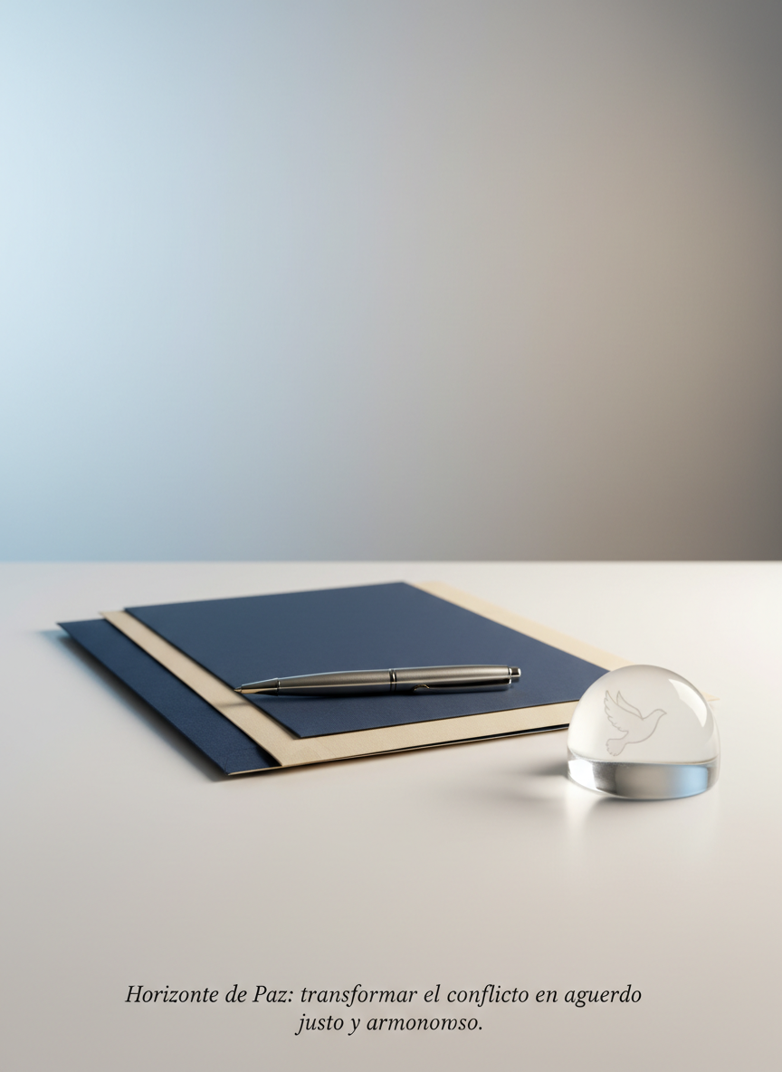 A symbolic still life representing peaceful agreement: two contrasting document folders, one deep navy and one soft beige, lie slightly overlapping on a smooth white desk, with a single, elegant silver pen placed precisely across both, as if uniting them. Beside the folders rests a small glass paperweight engraved with a subtle dove outline, catching and refracting soft light. The background is an out-of-focus gradient of pale blue and warm gray, suggesting balance and neutrality. Gentle, diffused studio lighting from above and slightly behind creates delicate edge highlights and soft shadows. Shot close-up with shallow depth of field and centered composition, the photographic, clean, modern aesthetic evokes the essence of Horizonte de Paz: transformar el conflicto en acuerdo justo y armonioso.