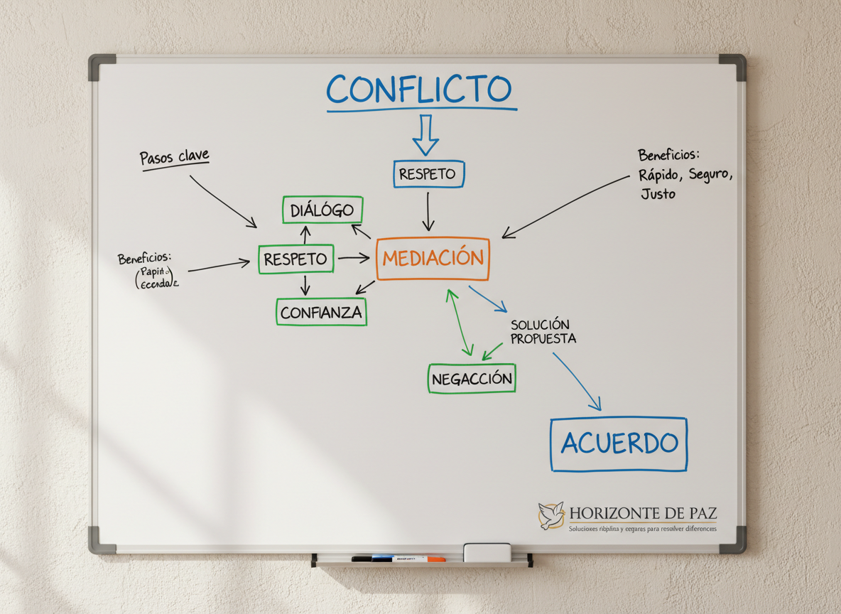 A large whiteboard mounted on a light sand-colored office wall, filled with carefully drawn, color-coded flowcharts showing the extrajudicial conciliation process from “Conflicto” to “Acuerdo”. Keywords like “diálogo”, “respeto” and “confianza” are written in neat handwriting. At the base of the board, an orderly row of markers and a small eraser sit on an aluminum tray. Soft, diffused daylight from an unseen window bathes the scene, reducing harsh contrasts and creating a calm, thoughtful atmosphere. Captured straight-on at eye level with sharp focus across the frame, the photographic image has a clean, modern, educational aesthetic, ideal to visually explain how Horizonte de Paz ayuda a resolver diferencias de forma rápida y segura.