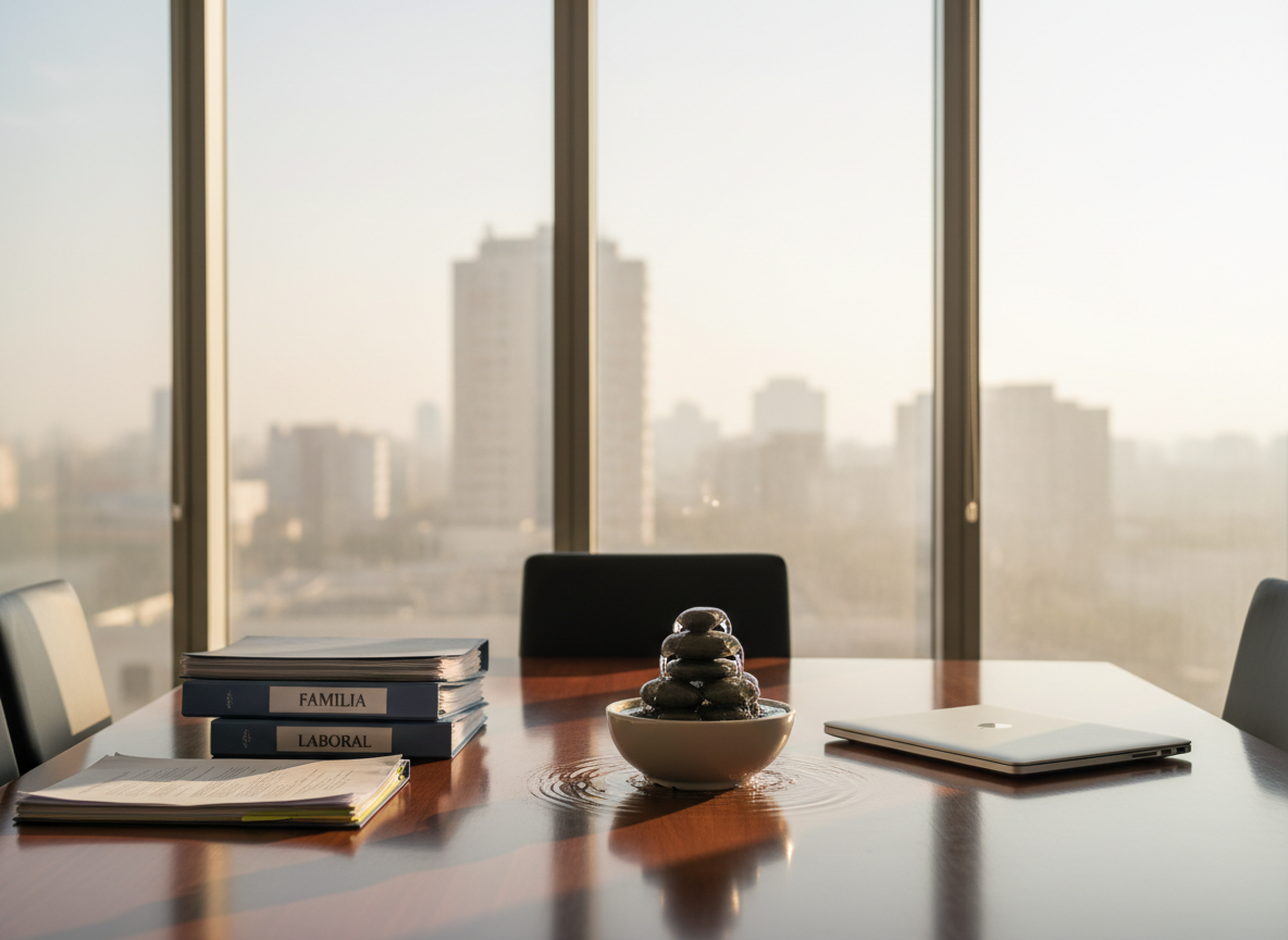 A polished wooden conference table arranged in a spacious, modern office dedicated to conflict resolution, covered with neatly organized legal folders labeled “Familia”, “Laboral” and “Civil”, alongside a closed silver laptop and a small, peaceful tabletop fountain. Behind, large windows reveal a soft, neutral cityscape blurred in the distance. Gentle late-morning natural light pours in, creating calm reflections on the smooth table surface and subtle shadows under the objects. Photographed at eye level with a slightly wide angle, the composition follows the rule of thirds, leaving negative space for overlay text. The mood is serene, professional and trustworthy, with photographic realism and a clean, contemporary aesthetic that suggests rapid, segura conciliación extrajudicial.