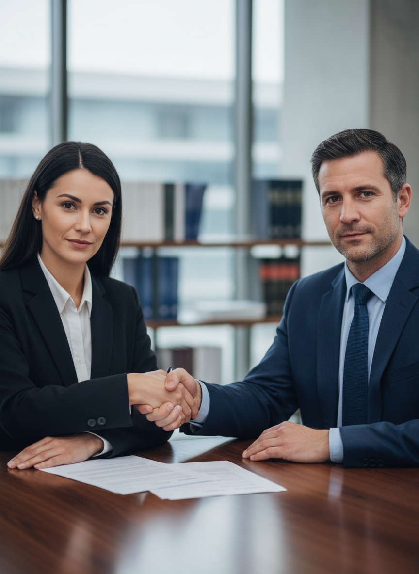 Fotografía profesional y sobria de dos personas adultas en un entorno jurídico (mesa de conciliación o despacho), estrechando la mano o firmando documentos mientras llegan a un acuerdo, con apariencia seria y confiable, iluminación clara y fondo desenfocado, estilo corporativo.