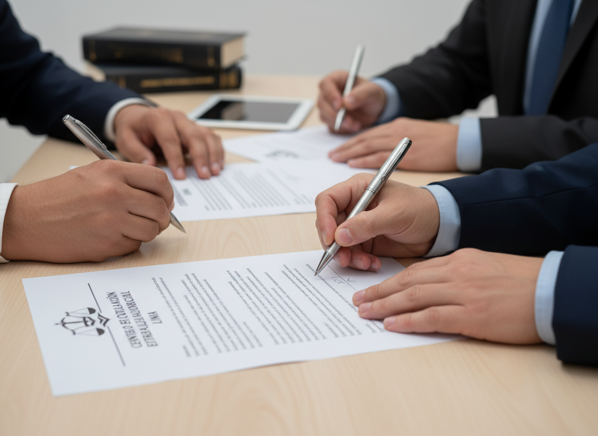 Personas adultas firmando un contrato en una mesa de oficina moderna, primer plano de las manos con bolígrafos y documentos, entorno profesional y sobrio, luz clara, estilo corporativo, para un centro de conciliación extrajudicial en Lima