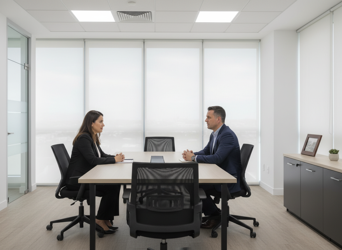Editar la imagen actual del centro de conciliación: eliminar por completo el texto que aparece en la pared que dice "CENTRO DE CONCILIACION RESOLUCIÓN PACÓFICA", manteniendo todo lo demás igual (personas, oficina, colores y estilo profesional).